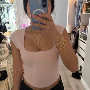 Garage Light Pink Square Neck Cap Sleeve Crop Top